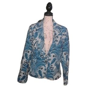 Kenar Blue Floral Textured Blazer Jacket Women's Size‎ 14 Jacquard Pattern